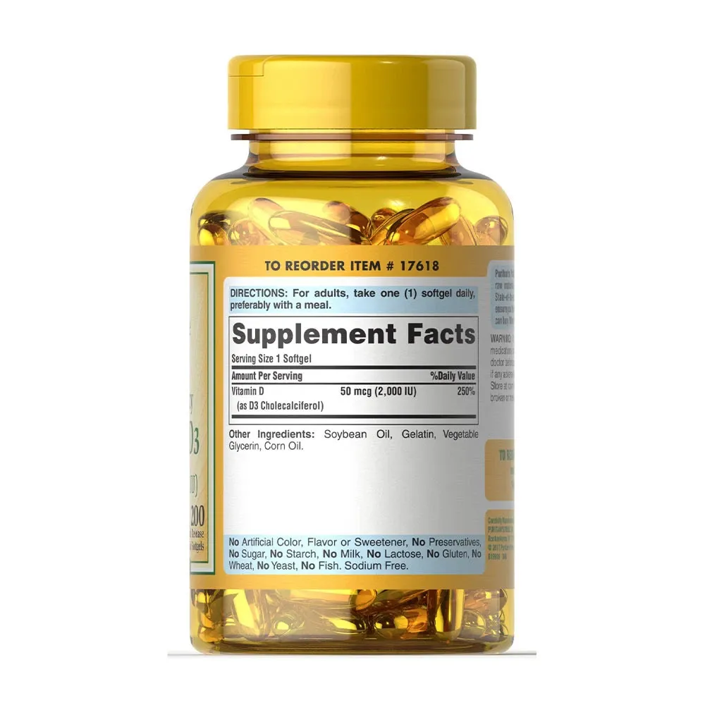 Puritans Pride Vitamin D3 2000 IU (200 Softgels) – Obrázok 2