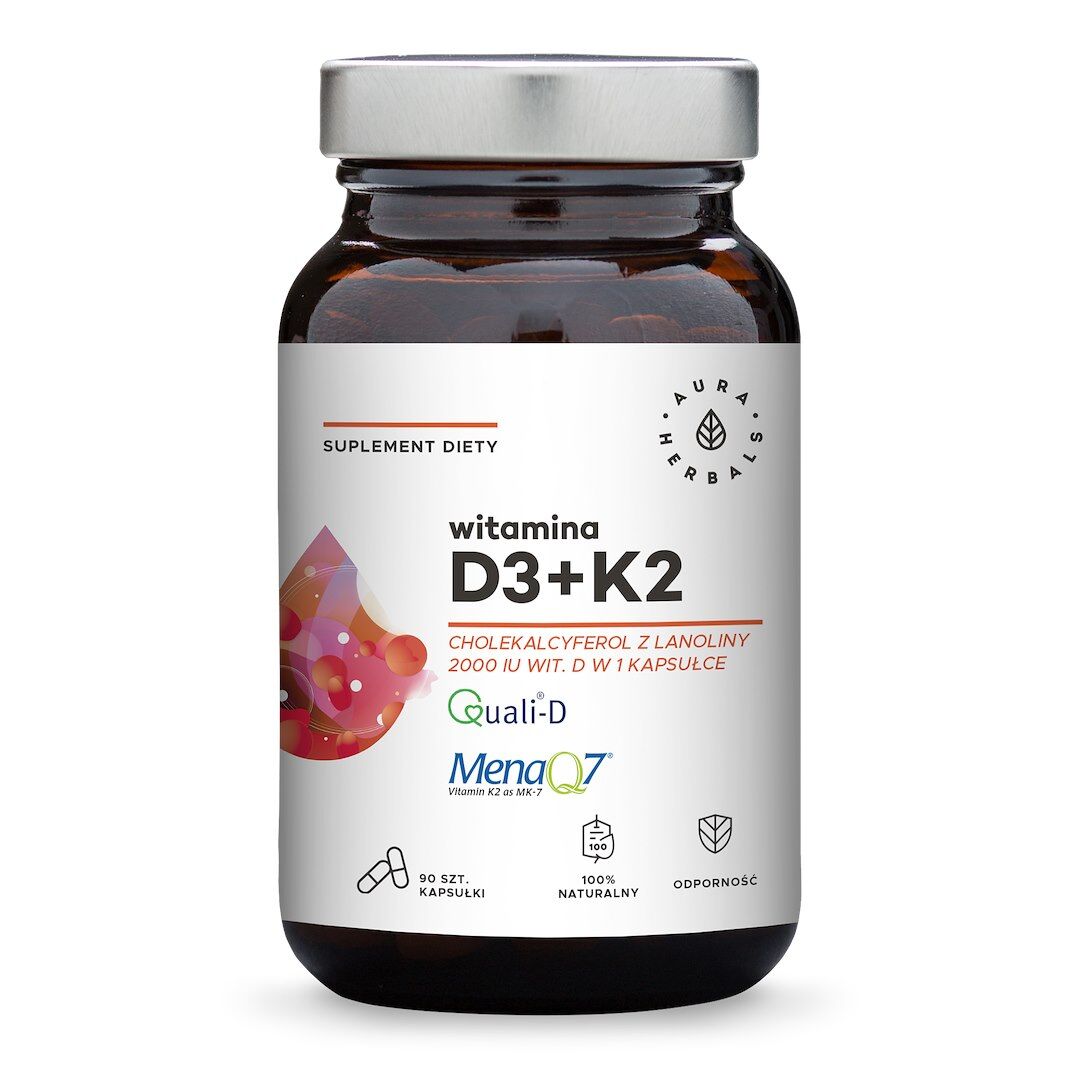 Aura Herbals - Vitamin D3 2000 IU + K2 50 mcg, 90 kapsler